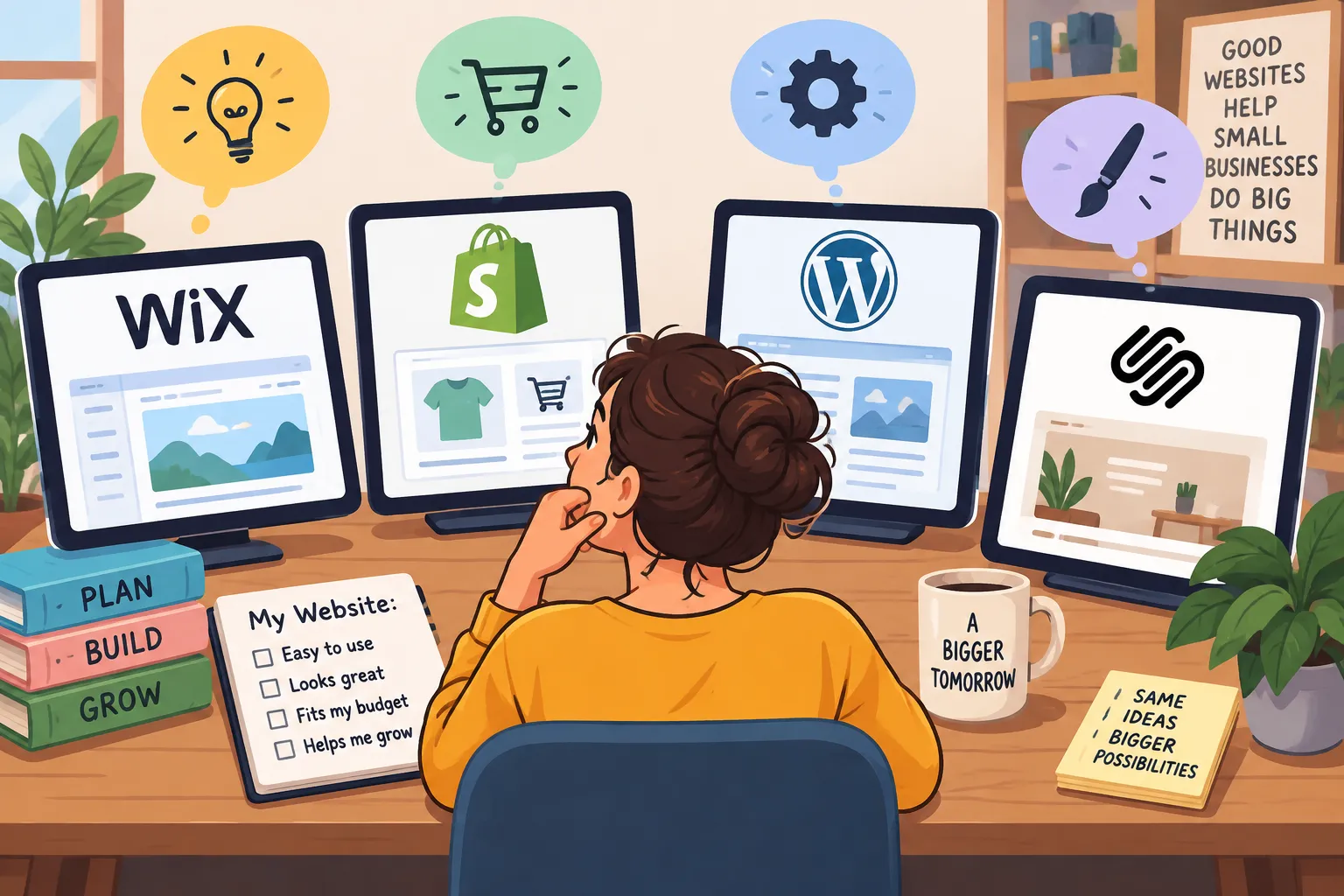 Ilustración editorial de un dueño de negocio pequeño eligiendo plataformas de diseño web con íconos de Wix, Shopify, WordPress y Squarespace