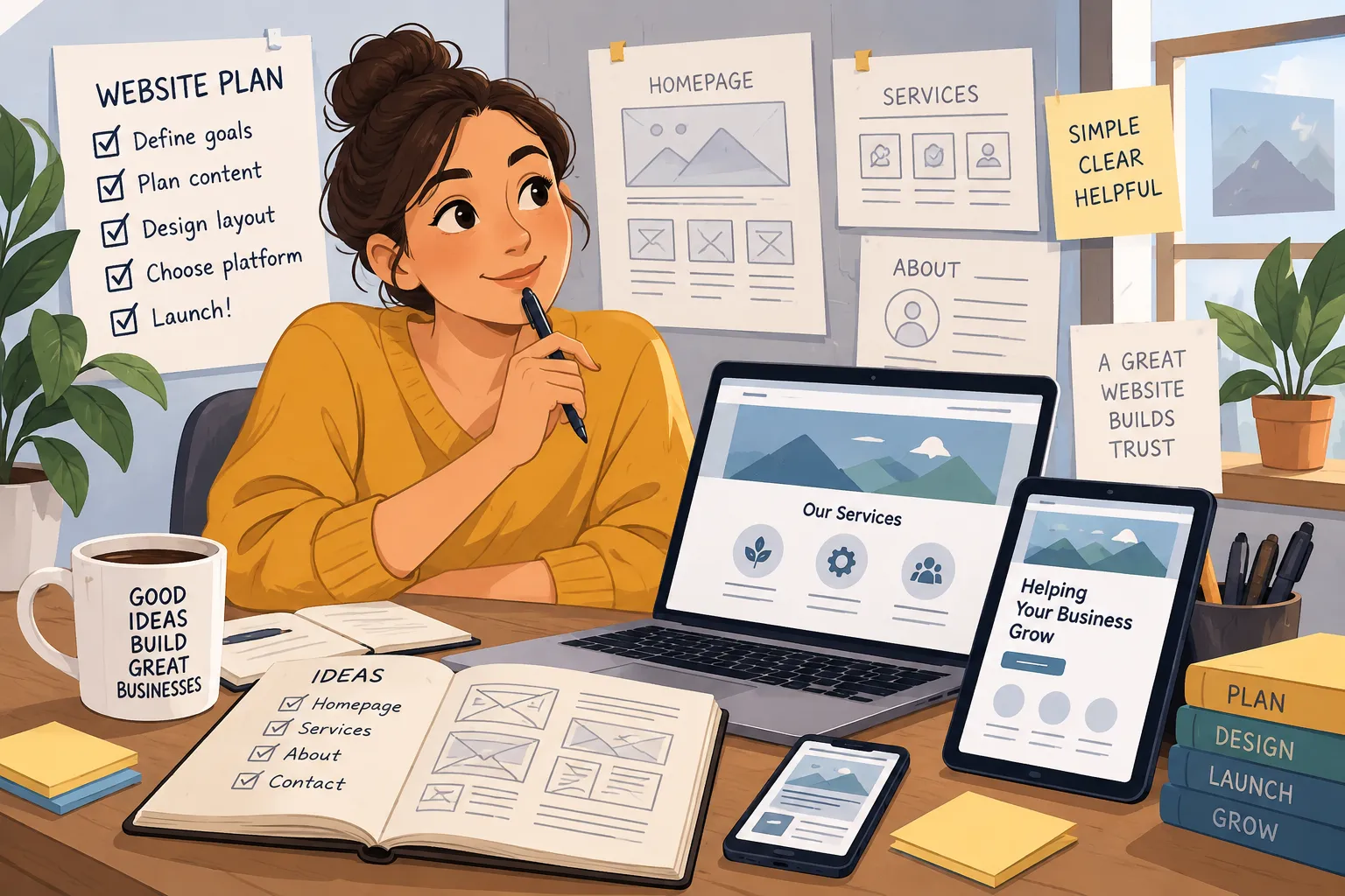 Ilustración editorial de un dueño de negocio planificando el diseño web con listas y bocetos en dispositivos digitales