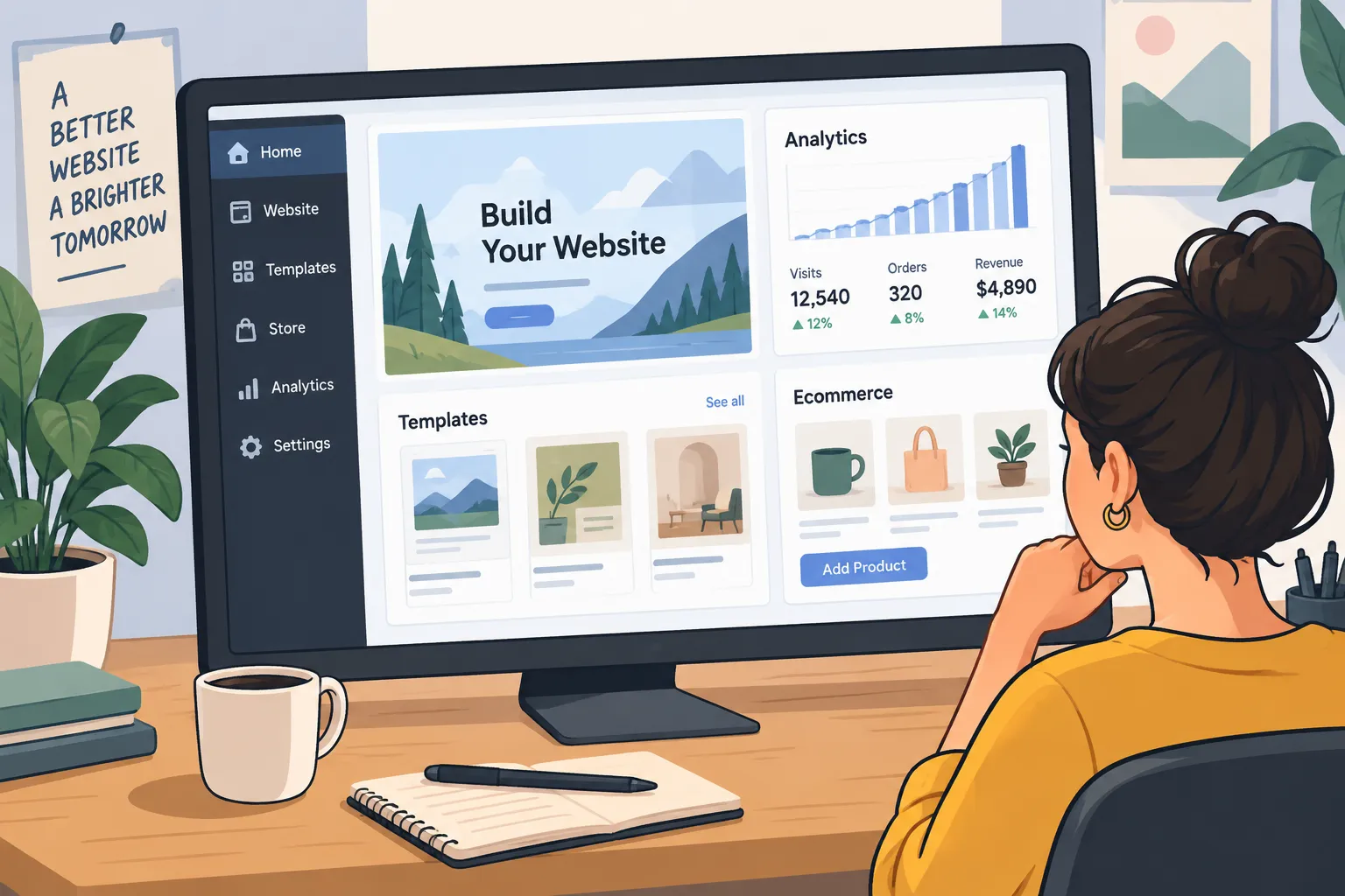 Ilustración editorial de un tablero de sitio web con análisis, plantillas y funciones de comercio electrónico