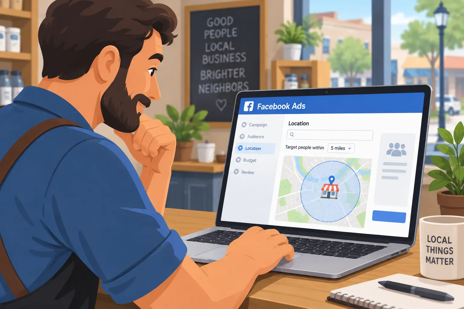 Ilustración editorial de un dueño de negocio local configurando una campaña de Facebook Ads con un mapa que destaca un radio pequeño alrededor de su ubicación