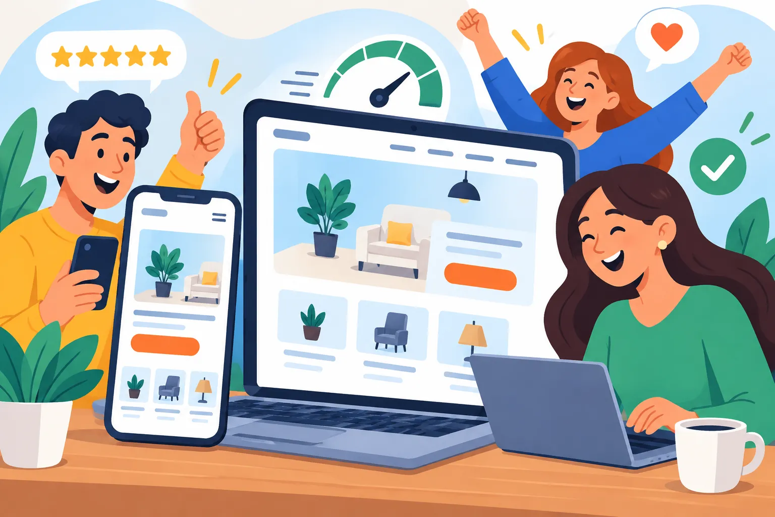 Ilustración editorial de un sitio web moderno y responsivo mostrado en móvil y portátil con botones claros y clientes satisfechos