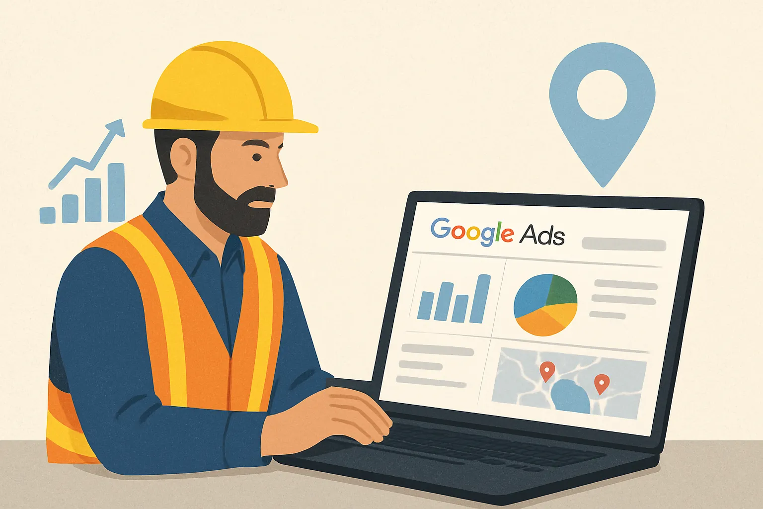 Contratista revisando campaña de Google Ads en computadora con gráficos y mapas