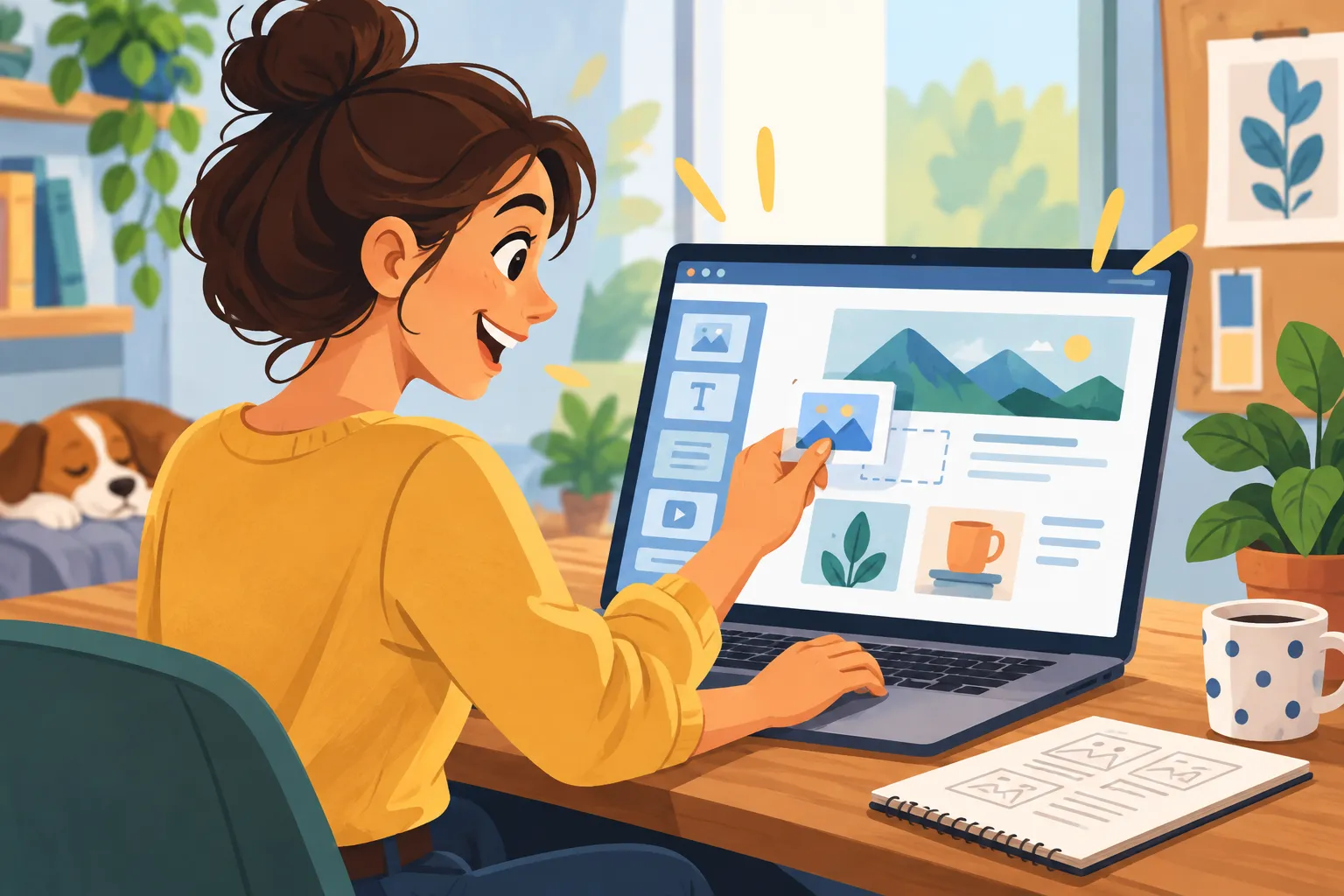 Ilustración estilo dibujo editorial de un dueño de negocio creando un sitio web con editor visual de arrastrar y soltar