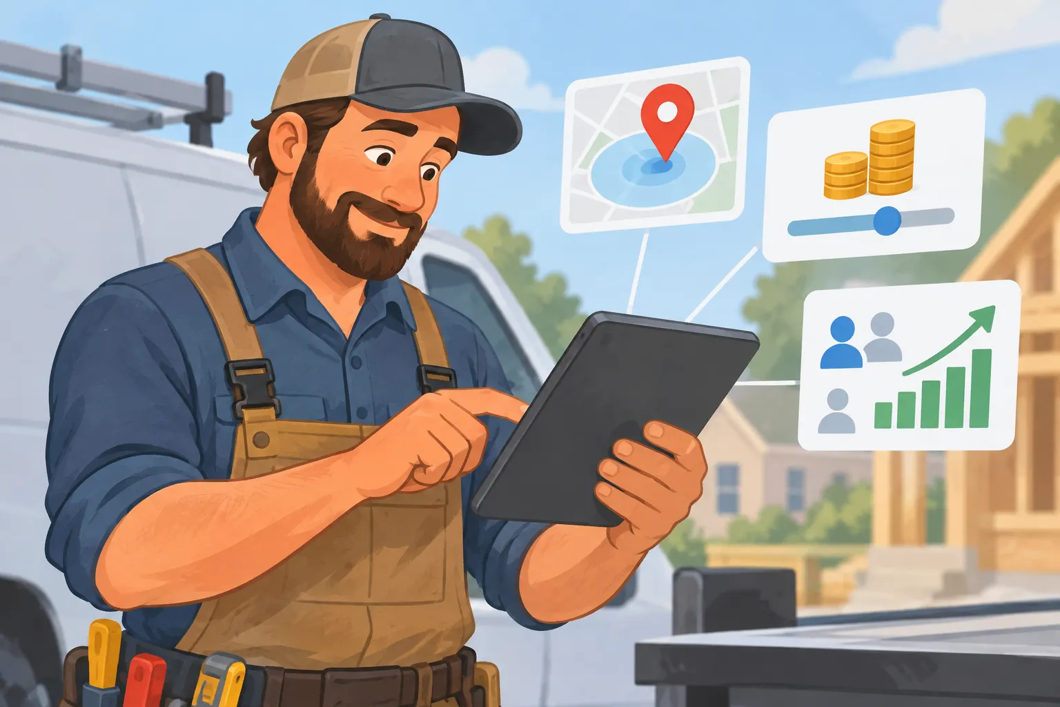 Ilustración editorial de un contratista ajustando configuraciones de publicidad en una tableta con iconos de ubicación, presupuesto y seguimiento