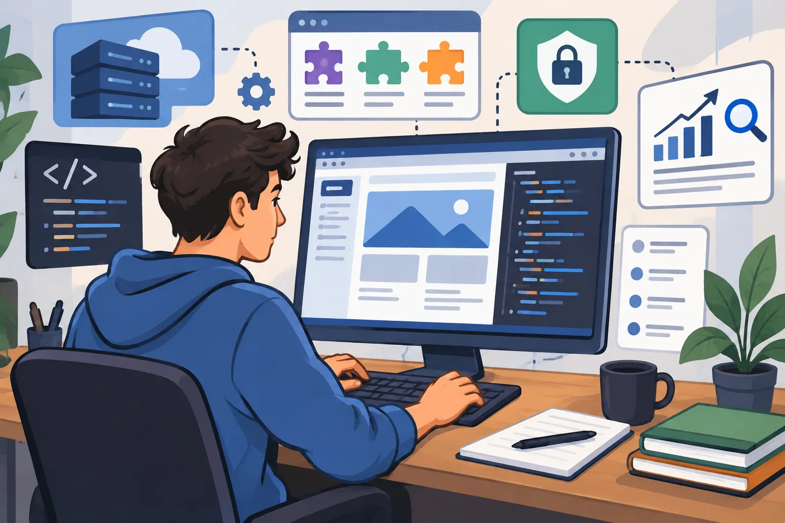 Ilustración estilo dibujo editorial de un desarrollador personalizando un sitio web con código y plugins