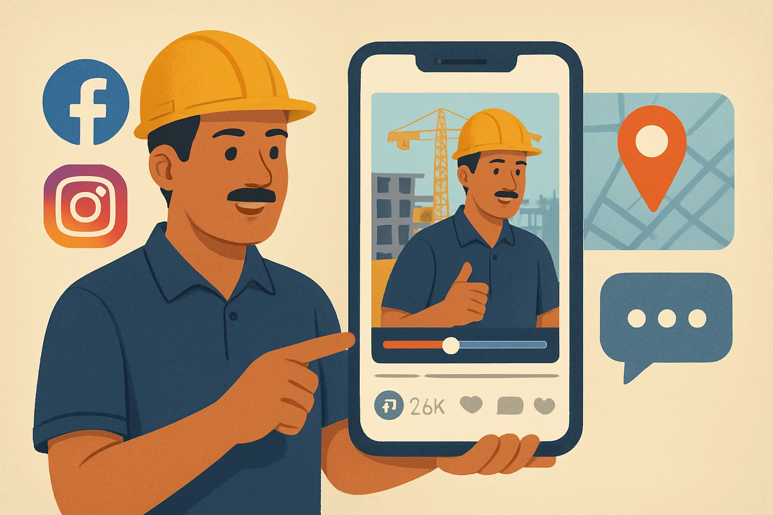 Ilustración de contratista hispano usando anuncios en Facebook e Instagram para atraer consultas