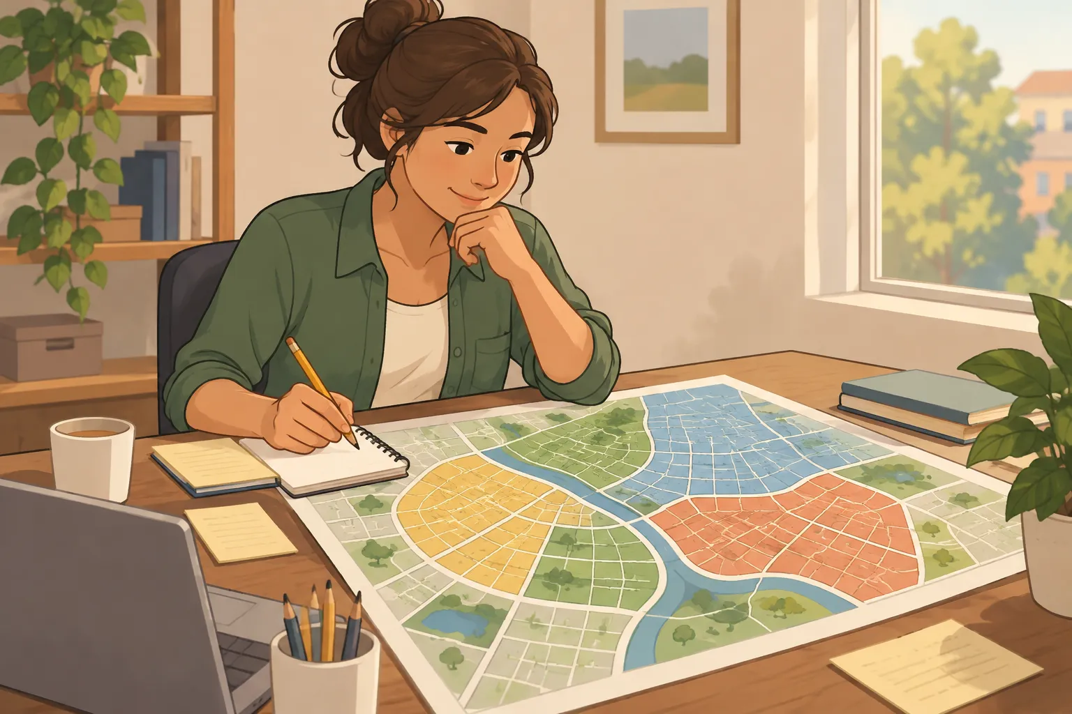 Dueño de negocio compara un mapa de zonas con sus notas de servicio.