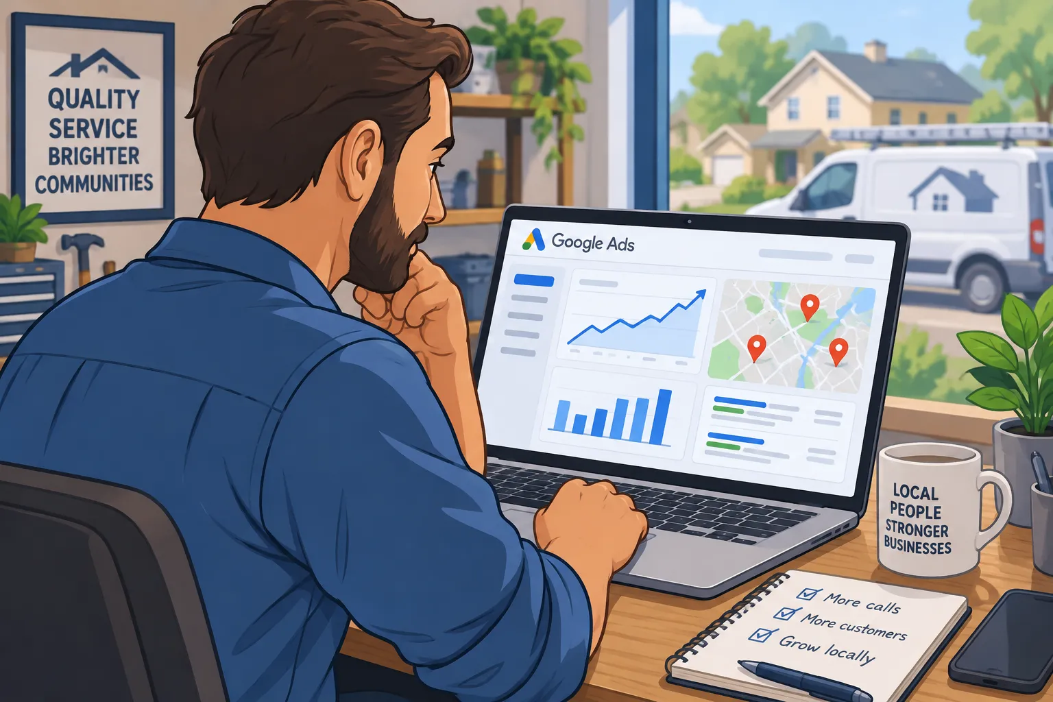 Ilustración editorial de un dueño de negocio local revisando un tablero de Google Ads con gráficos y mapas
