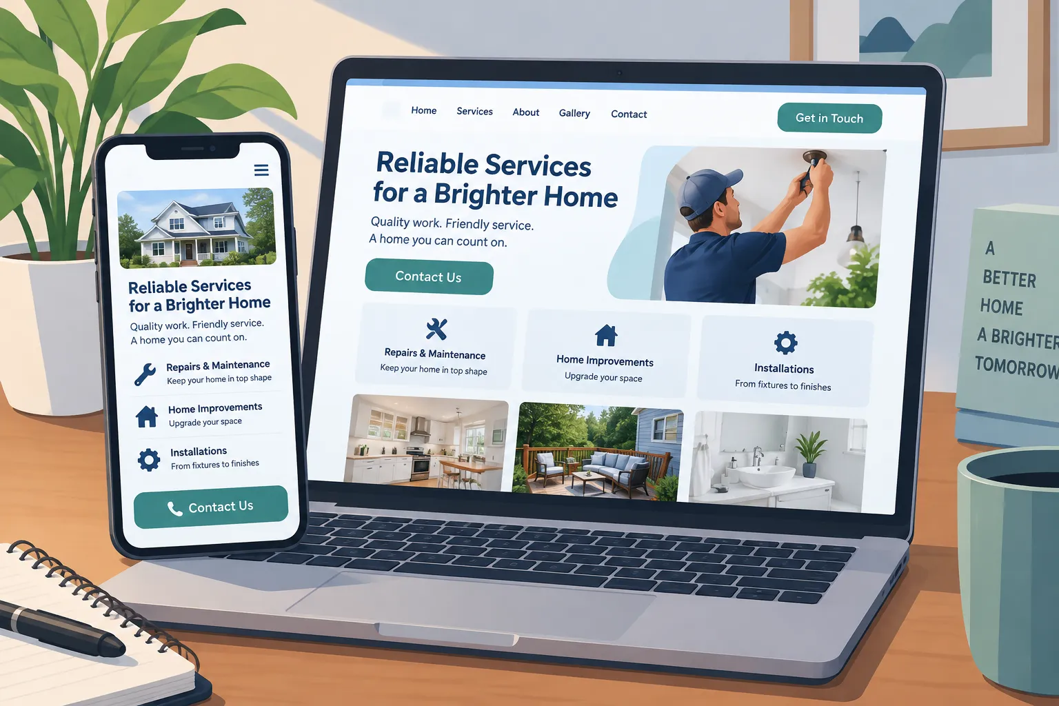 Ilustración editorial de un sitio web para negocio de servicios mostrando descripciones claras y botones de contacto en dispositivos móviles y de escritorio