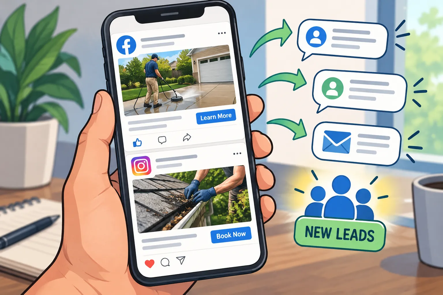 Ilustración editorial de un anuncio en Facebook e Instagram mostrando fotos reales de un servicio local con íconos de mensajes y generación de contactos