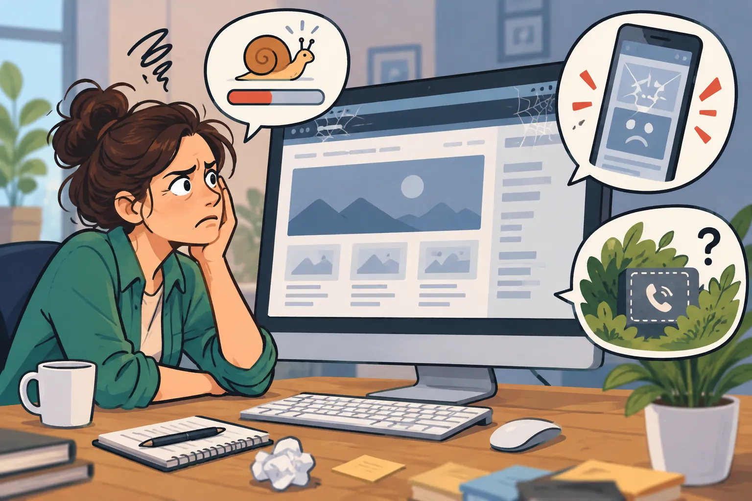 Ilustración editorial de un dueño de negocio frustrado mirando un sitio web anticuado y confuso en pantalla de escritorio